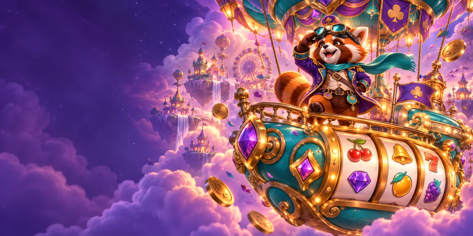 An orange raccoon captain rides a lavish turquoise and gold carousel airship with glowing reels through a violet cloud carnival